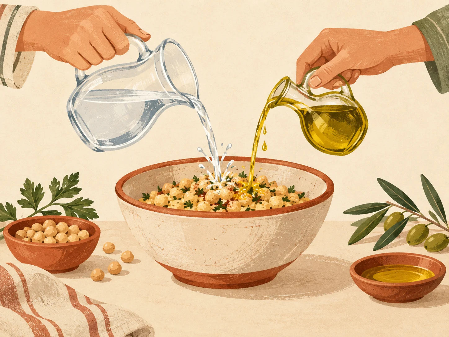 Illustration of adding water and olive oil