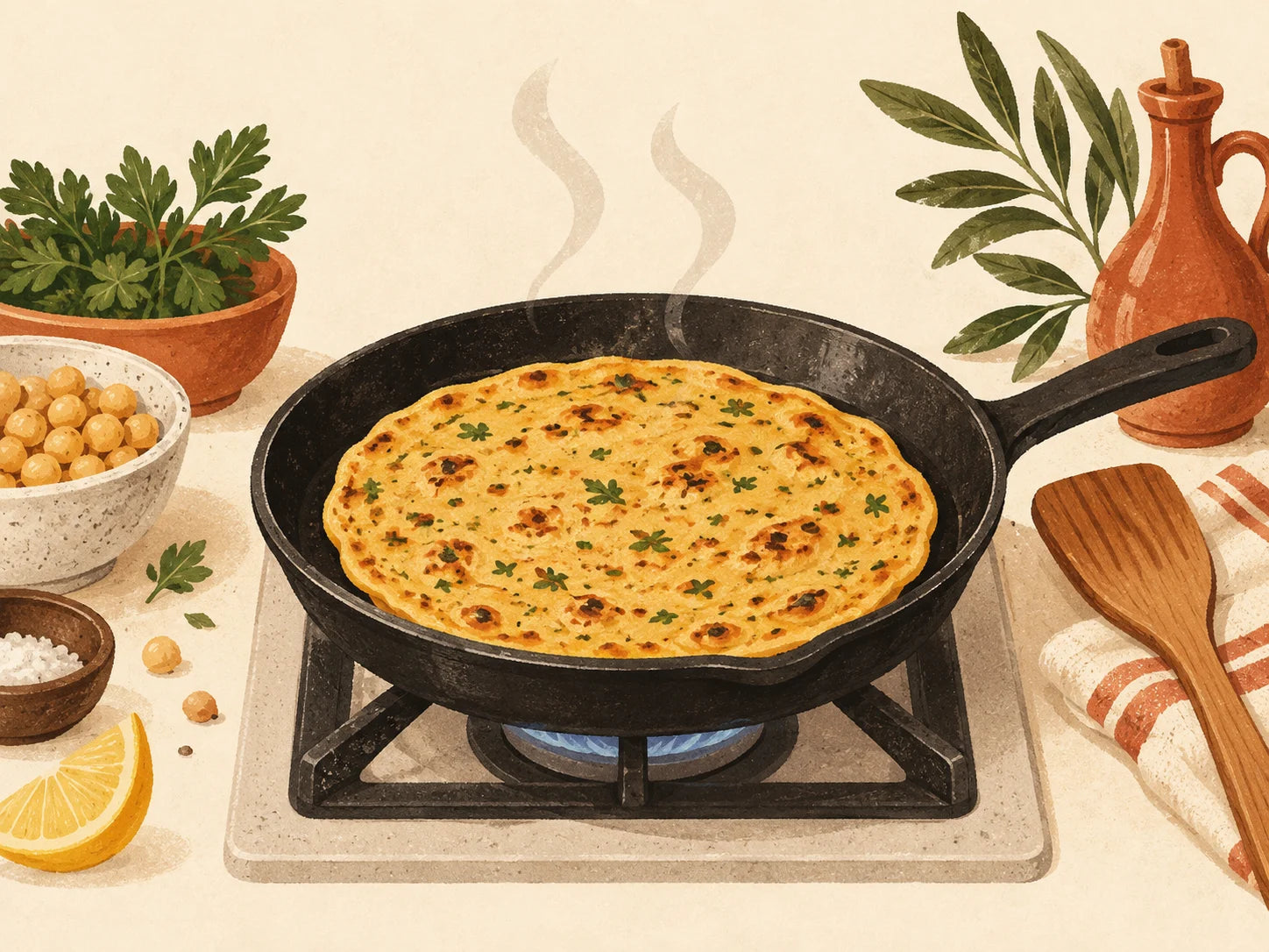 Illustration of baking flatbread in a pan