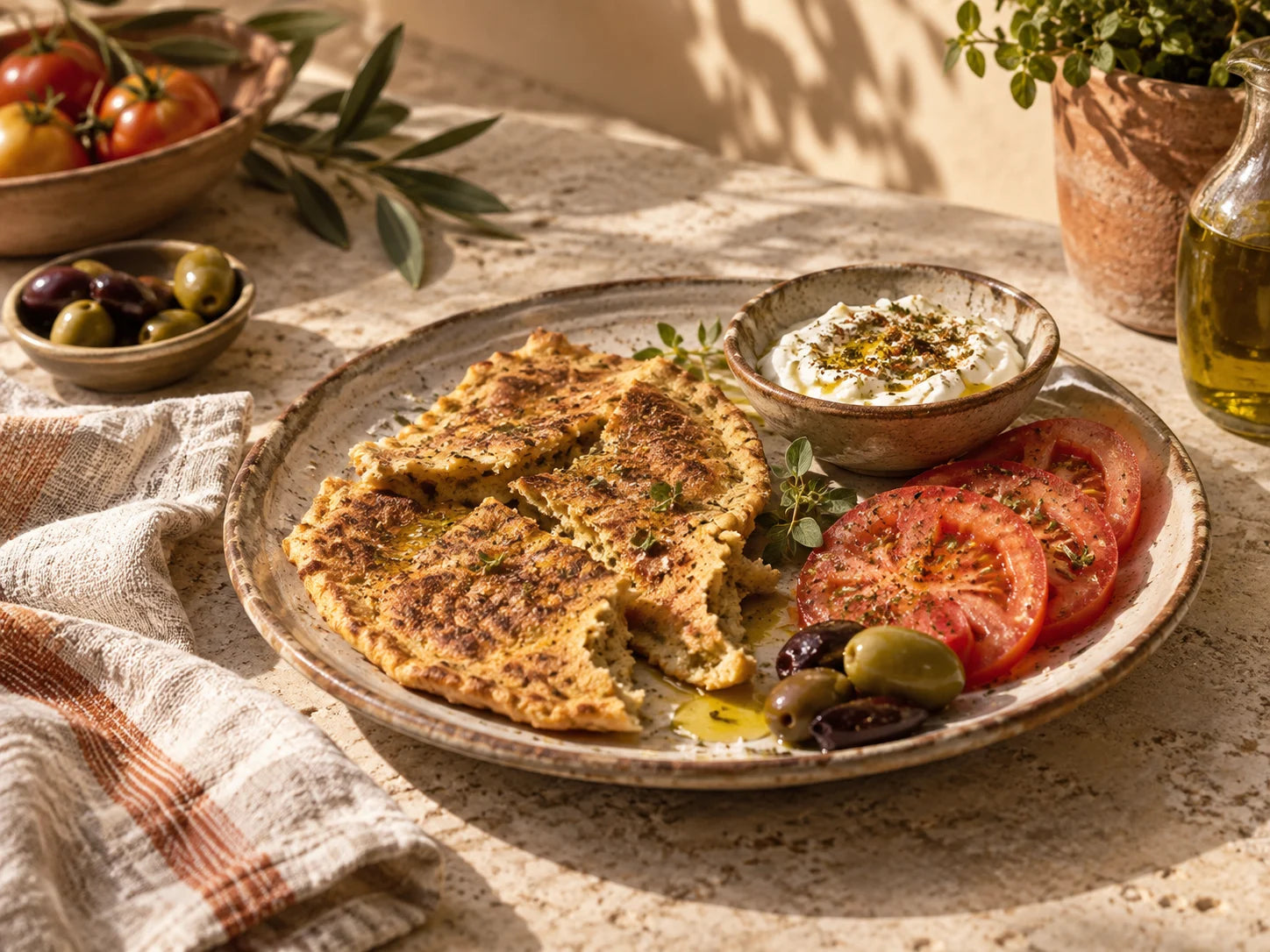 Mediterranean breakfast with flatbread